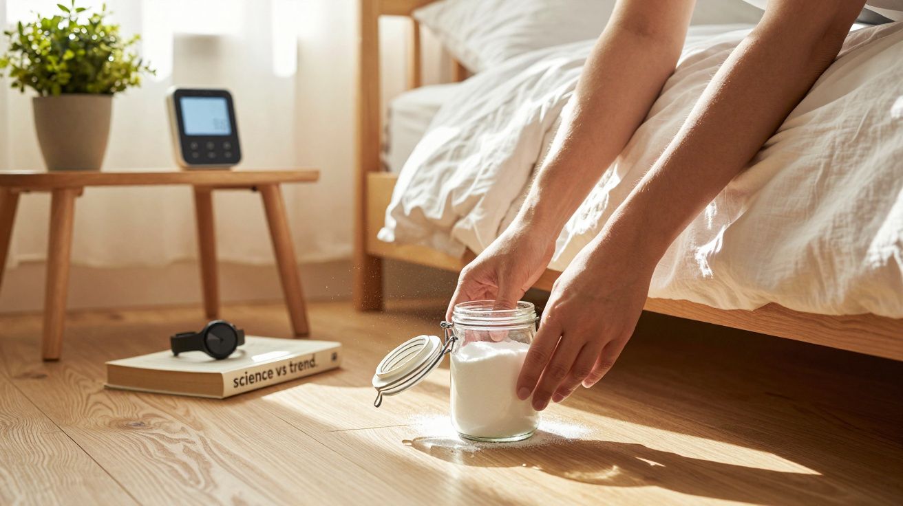 Hände legen ein Glas mit weißem Pulver auf Holzboden neben einem Bett, daneben ein Buch, Wecker und Pflanze.