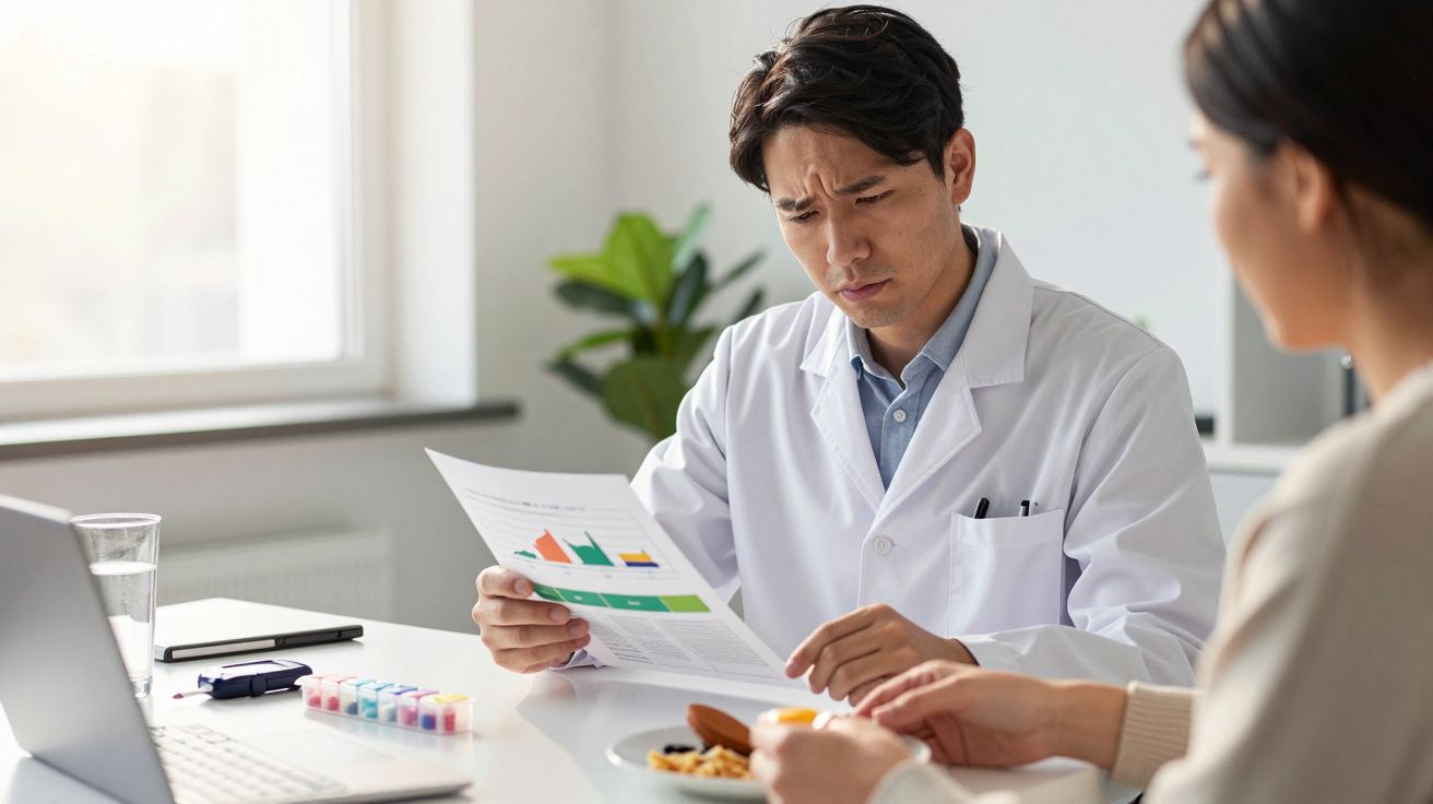 Ein Arzt betrachtet interessiert ein Diagramm, während eine Person ihm gegenüber sitzt.