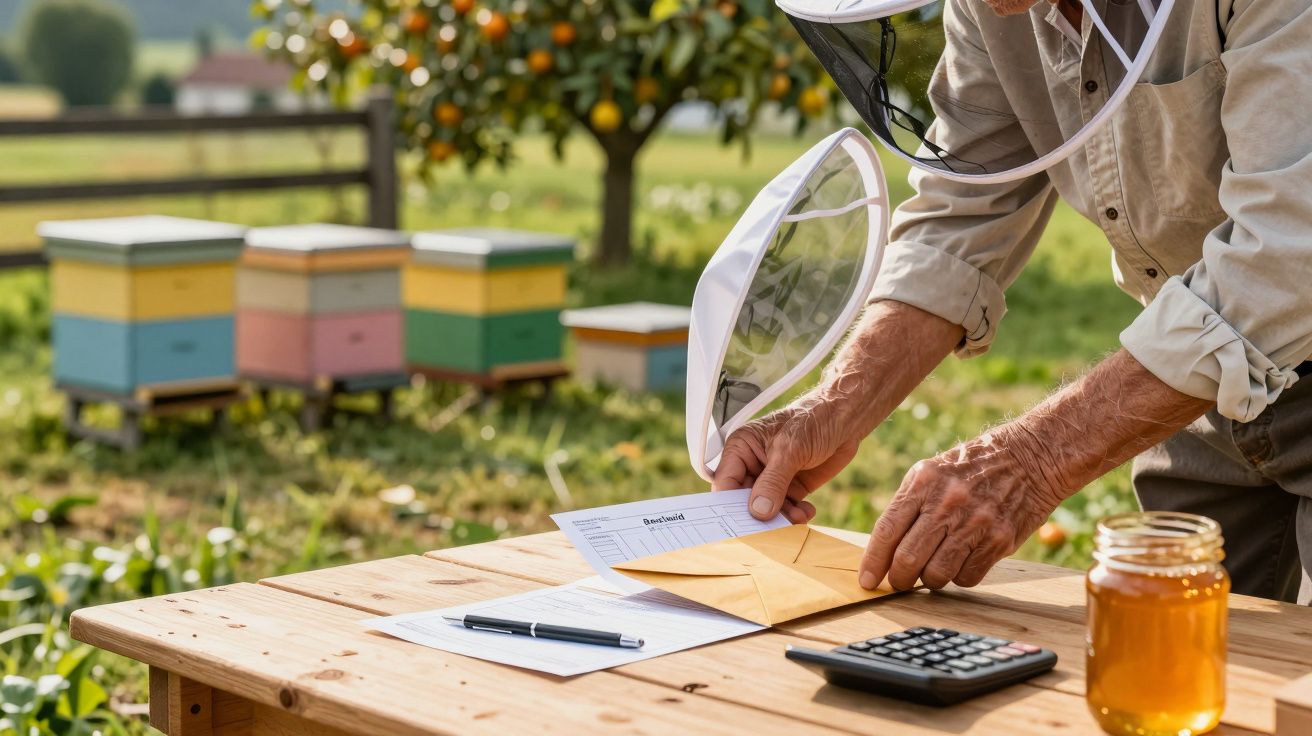 Imker mit Imkerschleier füllt Papierarbeit auf Holztisch aus, im Hintergrund bunte Bienenstöcke und Honigglas.