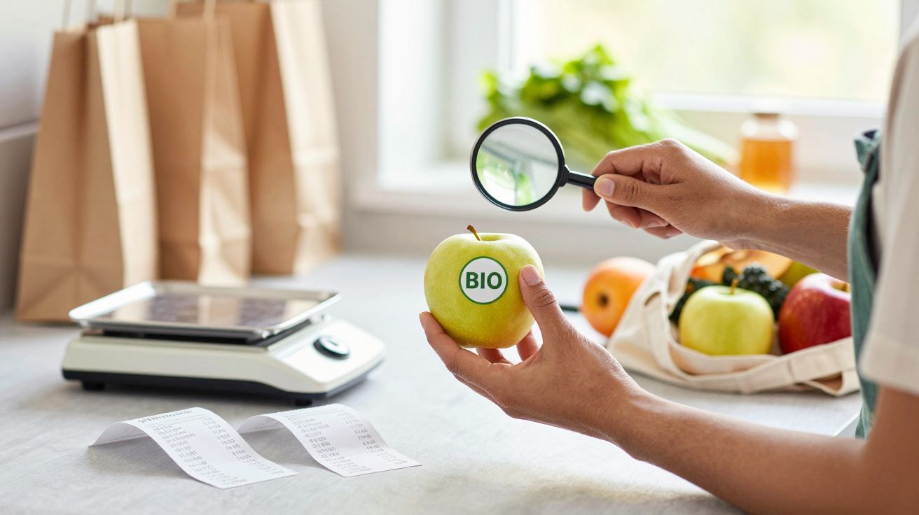 Person prüft Bio-Apfel mit Lupe, daneben Waage, Einkaufsbeutel mit Obst und Einkaufszettel auf Küchenarbeitsplatte.