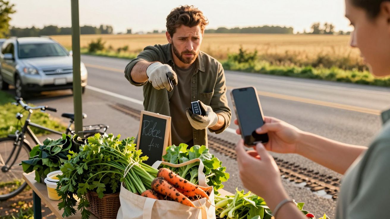 Mann verkauft Gemüse am Straßenrand, während eine Person mit Smartphone zahlt.