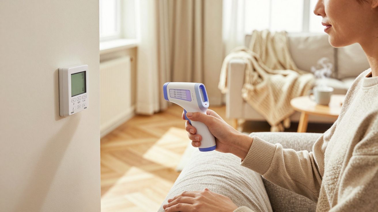 Person mit Thermometer überprüft die Temperatur eines Heizungsreglers in einem gemütlichen Wohnzimmer.