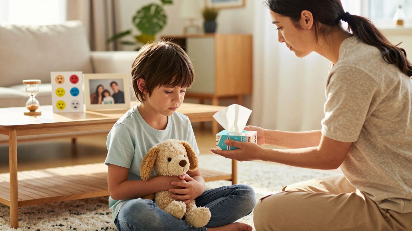 Frau reicht einem nachdenklichen Kind mit Plüschtier Taschentücher im Wohnzimmer.