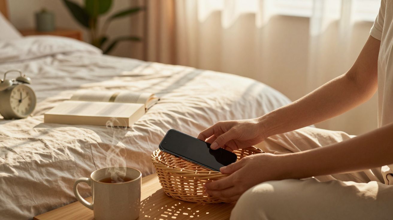 Person legt Smartphone in einen Korb, daneben stehen eine Tasse Kaffee und ein Buch auf einem Bett mit Wecker.