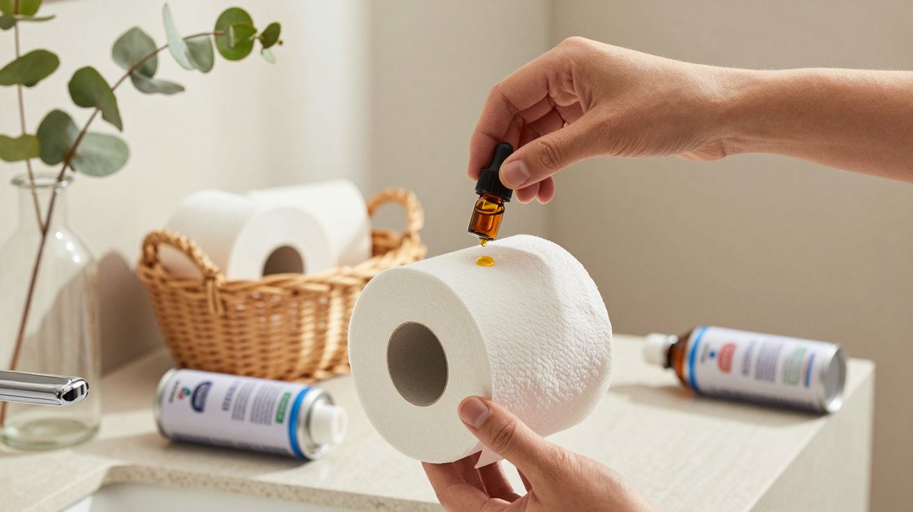 Hände träufeln Öl auf eine Toilettenpapierrolle, im Hintergrund Körbchen mit Toilettenpapier und Eukalyptus.