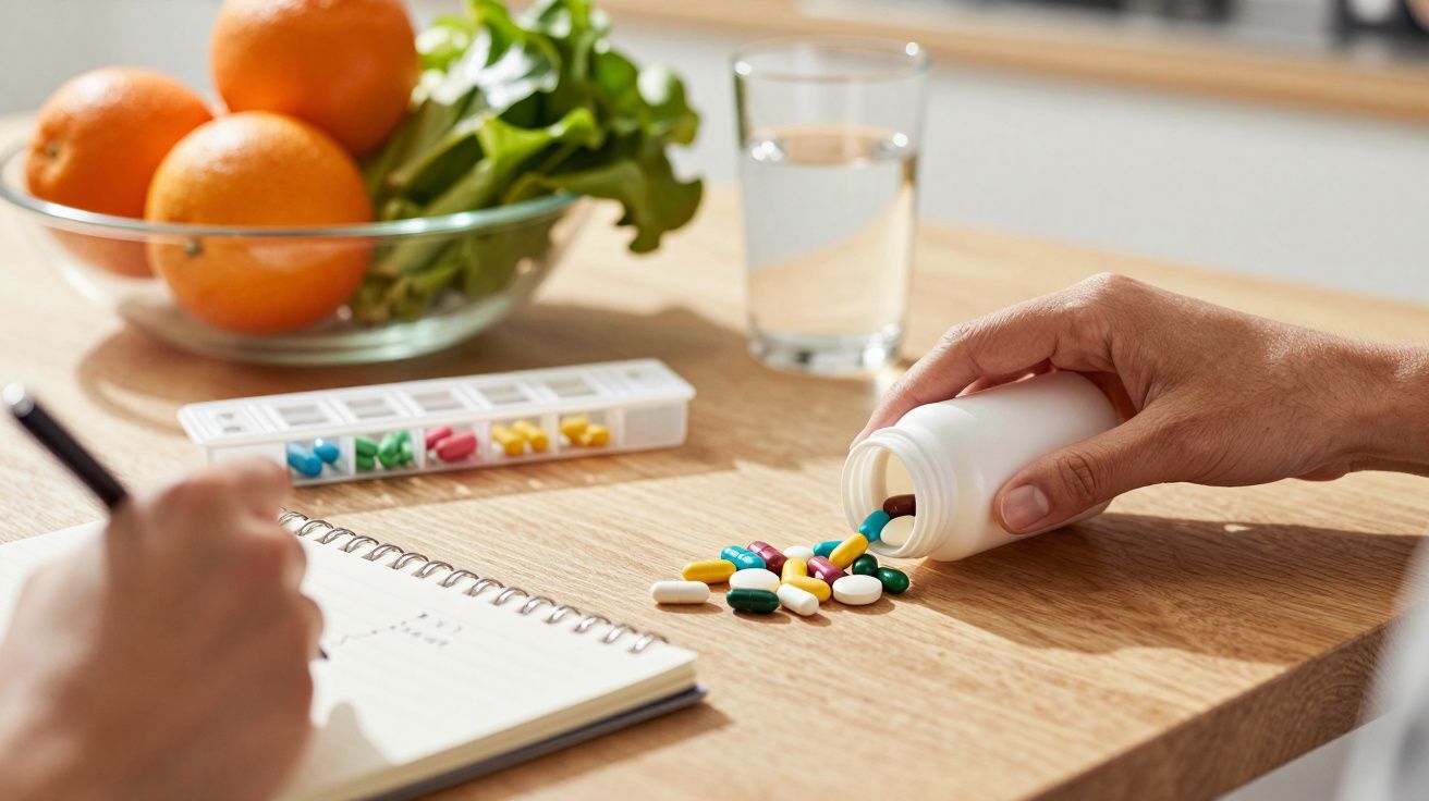 Hand schüttet bunte Pillen aus Dose, daneben Notizbuch, Wasserglas und Schüssel mit Orangen und Gemüse.