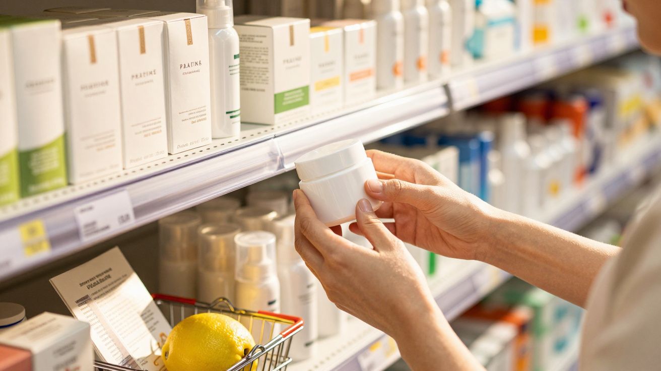 Person nimmt eine Creme aus einem Regal in einem Geschäft. Im Vordergrund ein Einkaufskorb mit Zitronen.