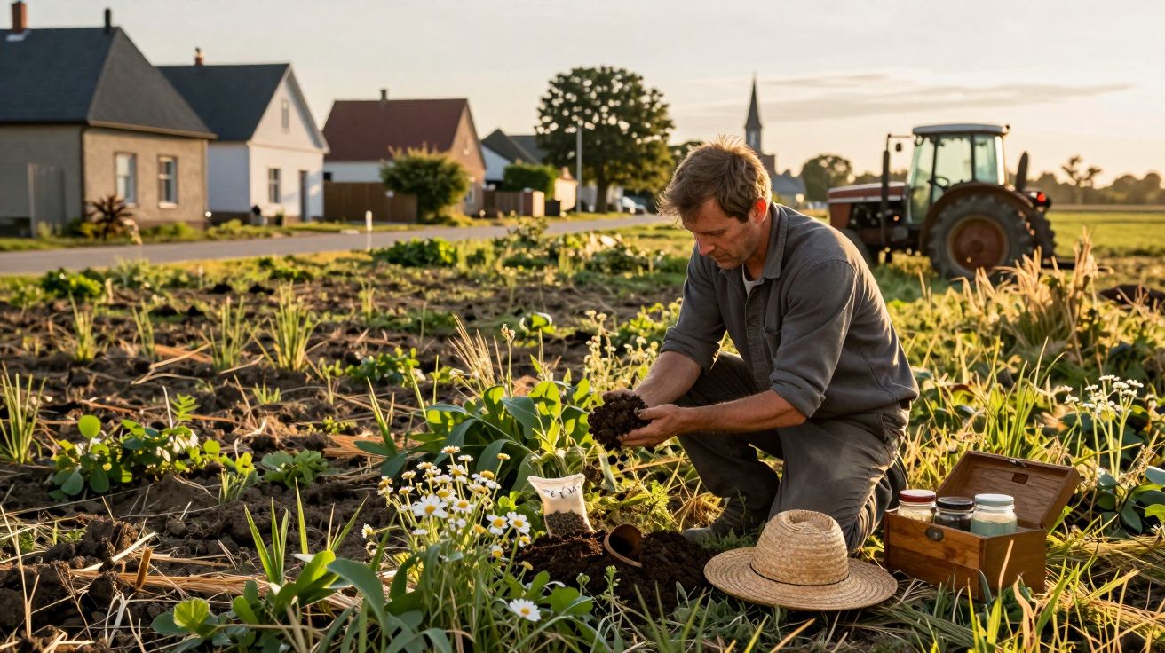 Mann auf Feld untersucht Erde, im Hintergrund Häuser und Traktor, neben ihm ein Strohhut und ein Holzkasten mit Gläsern.