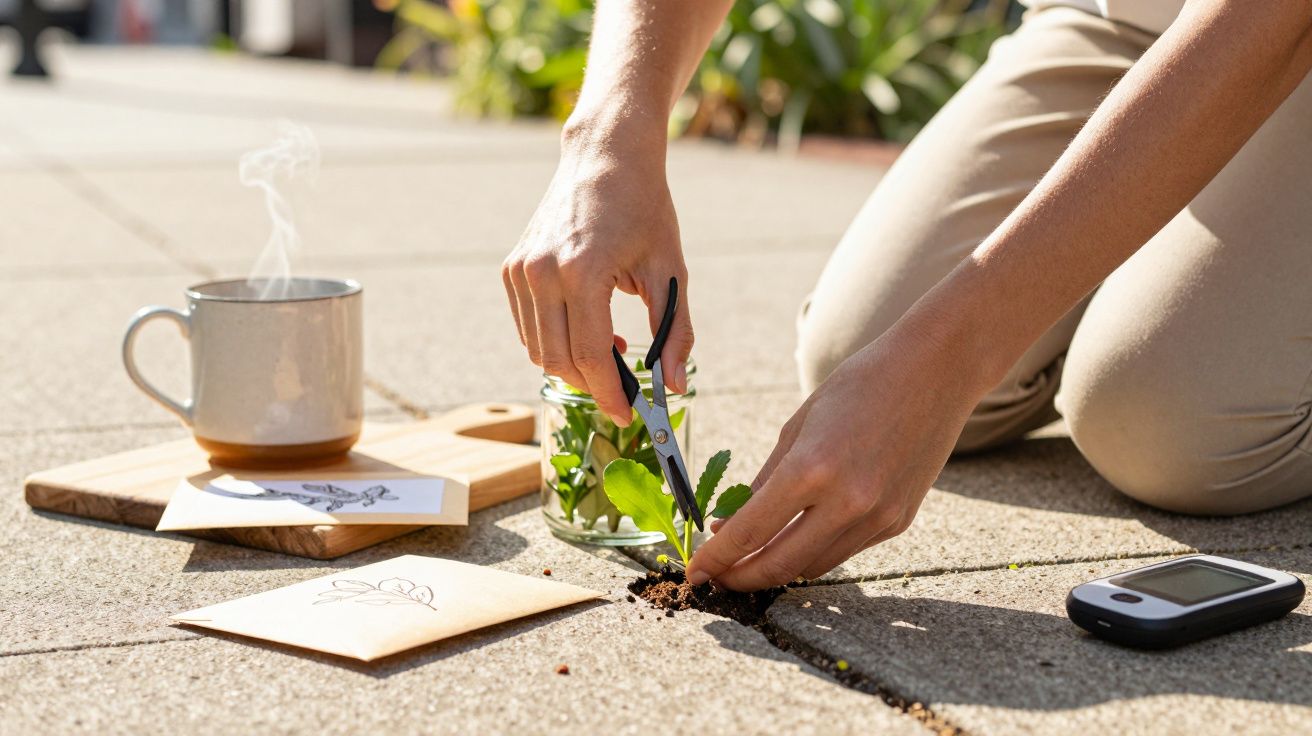 Person schneidet Pflanze im Freien neben Tasse und digitalem Gerät.