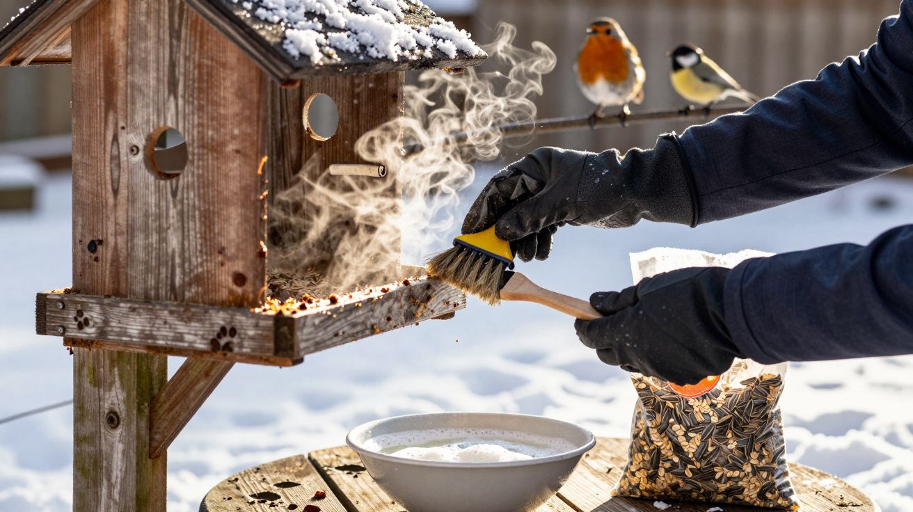Person reinigt im Winter mit Bürste ein Vogelhaus, zwei Vögel sitzen darauf, dampfende Schüssel und Vogelfutter daneben.