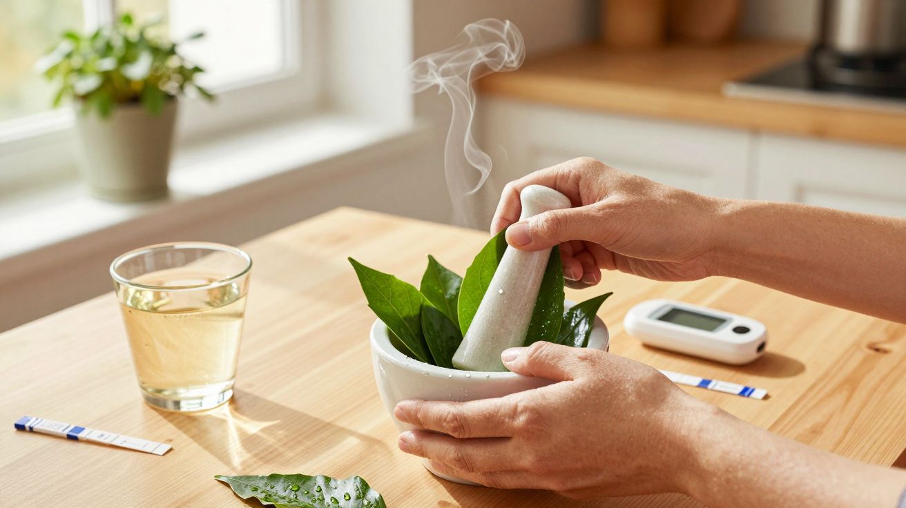 Hände halten einen Mörser mit frischen Blättern, eine Tasse Tee und ein Thermometer auf einem Holztisch.