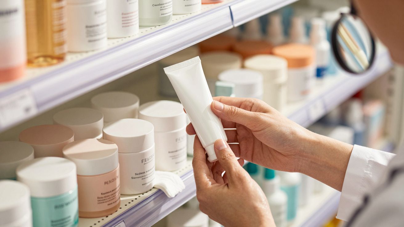 Person hält Tube in der Hand, während sie vor einem Regal mit Kosmetikprodukten steht.