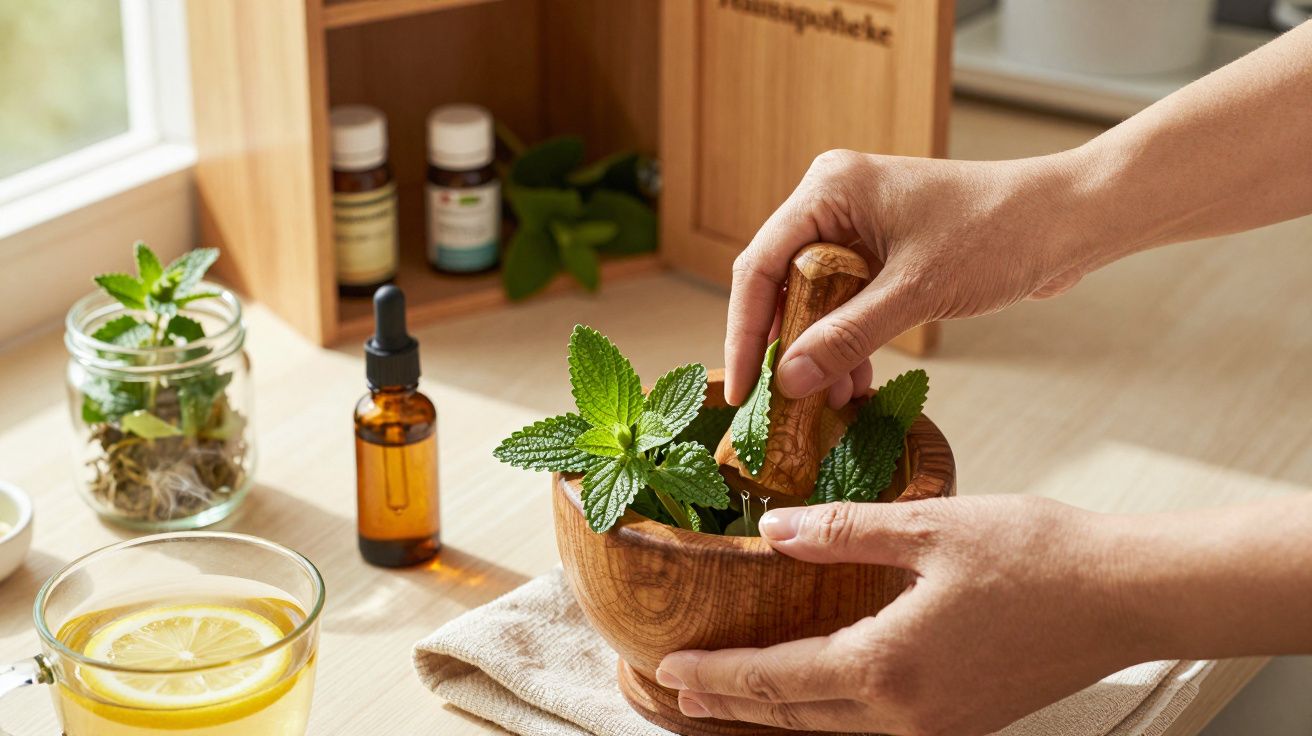 Hände zerkleinern frische Minzblätter im Holzmörser, daneben Glas mit Zitrone und Kräuter.