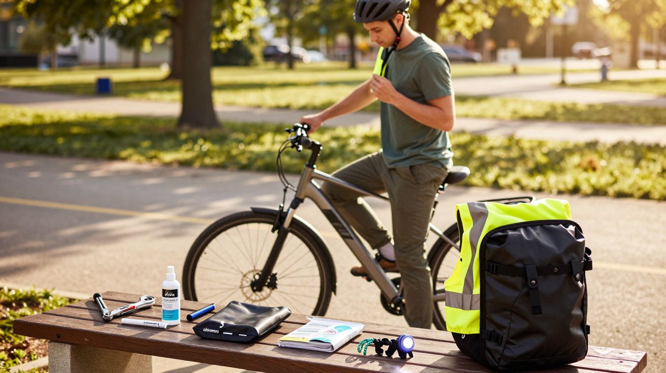 Mann mit Fahrrad im Park, auf einer Bank liegen Werkzeuge, Karten, Helm und ein gelber Rucksack.