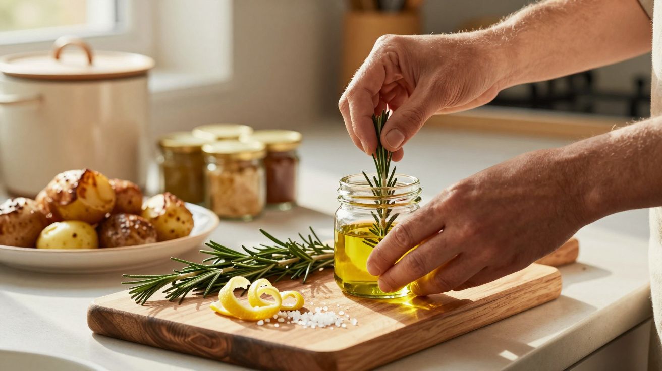 Hände stecken Rosmarin in ein Glas mit Öl, daneben Zitronenscheiben und Salz auf einem Schneidebrett in der Küche.