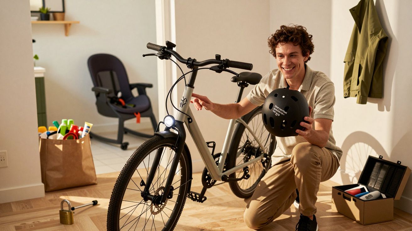 Mann lächelt, kniet neben Fahrrad in Wohnung, hält Helm. Im Hintergrund Kinderspielsachen und Bürostuhl.