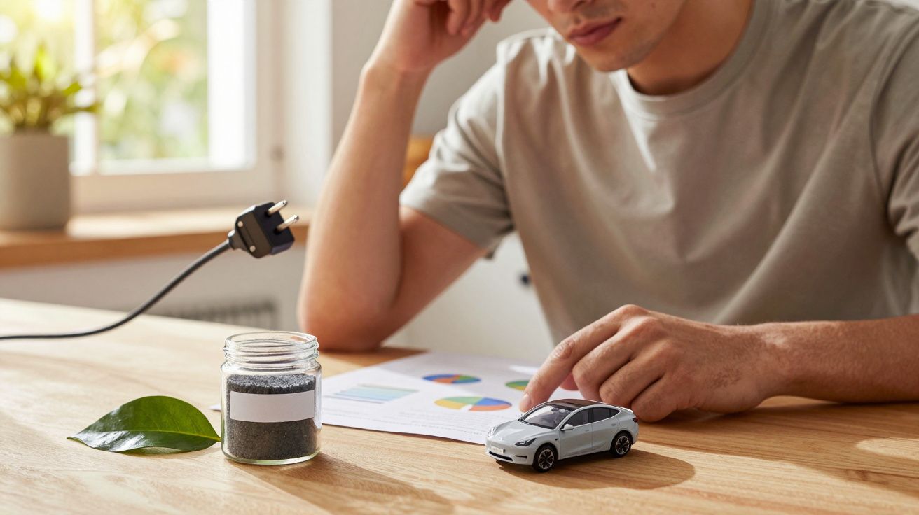 Mann studiert Diagramme, Reifenmodell, Glühbirne im Glas und Pflanzenblatt auf Holzschreibtisch beim Fenster.