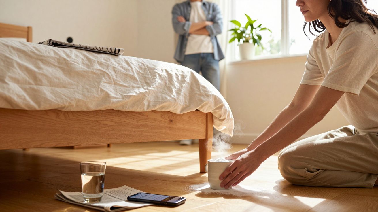 Eine Person kniet neben einem Bett, stellt eine dampfende Tasse ab. Im Vordergrund liegen Glas, Zeitung, Smartphone.