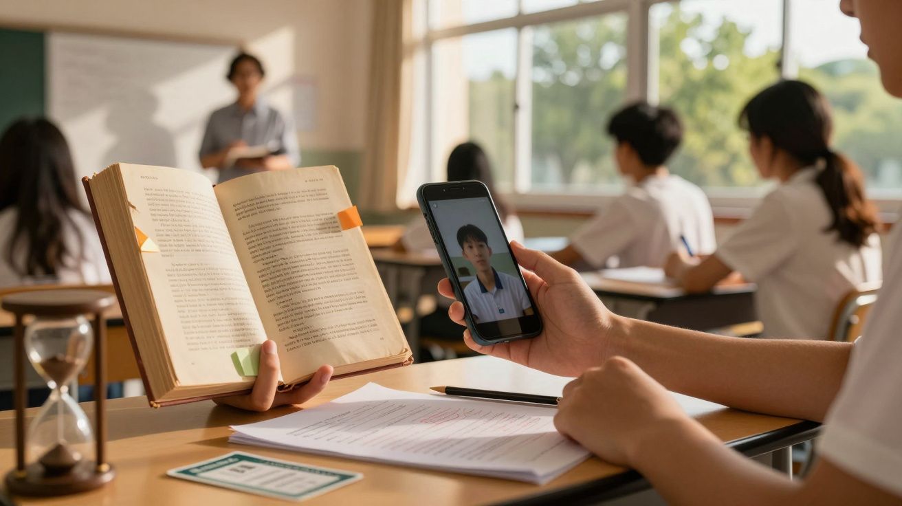 Ein Schüler hält ein aufgeschlagenes Buch und ein Smartphone in einem Klassenzimmer mit anderen Schülern im Hintergrund.