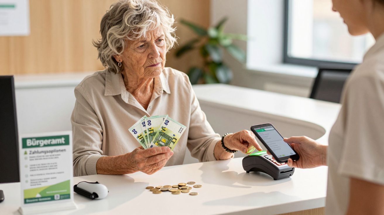 Ältere Frau im Bürgeramt, hält Euro-Geldscheine, während jemand mit einem Smartphone am Zahlungsterminal steht.