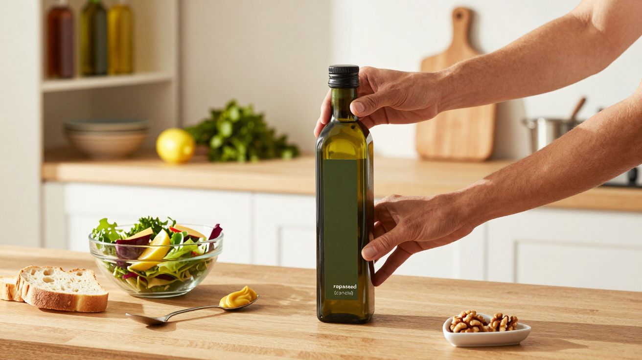 Person stellt eine Flasche Rapsöl auf einen Küchentisch neben Salat, Brot, Senf und Nüssen ab.