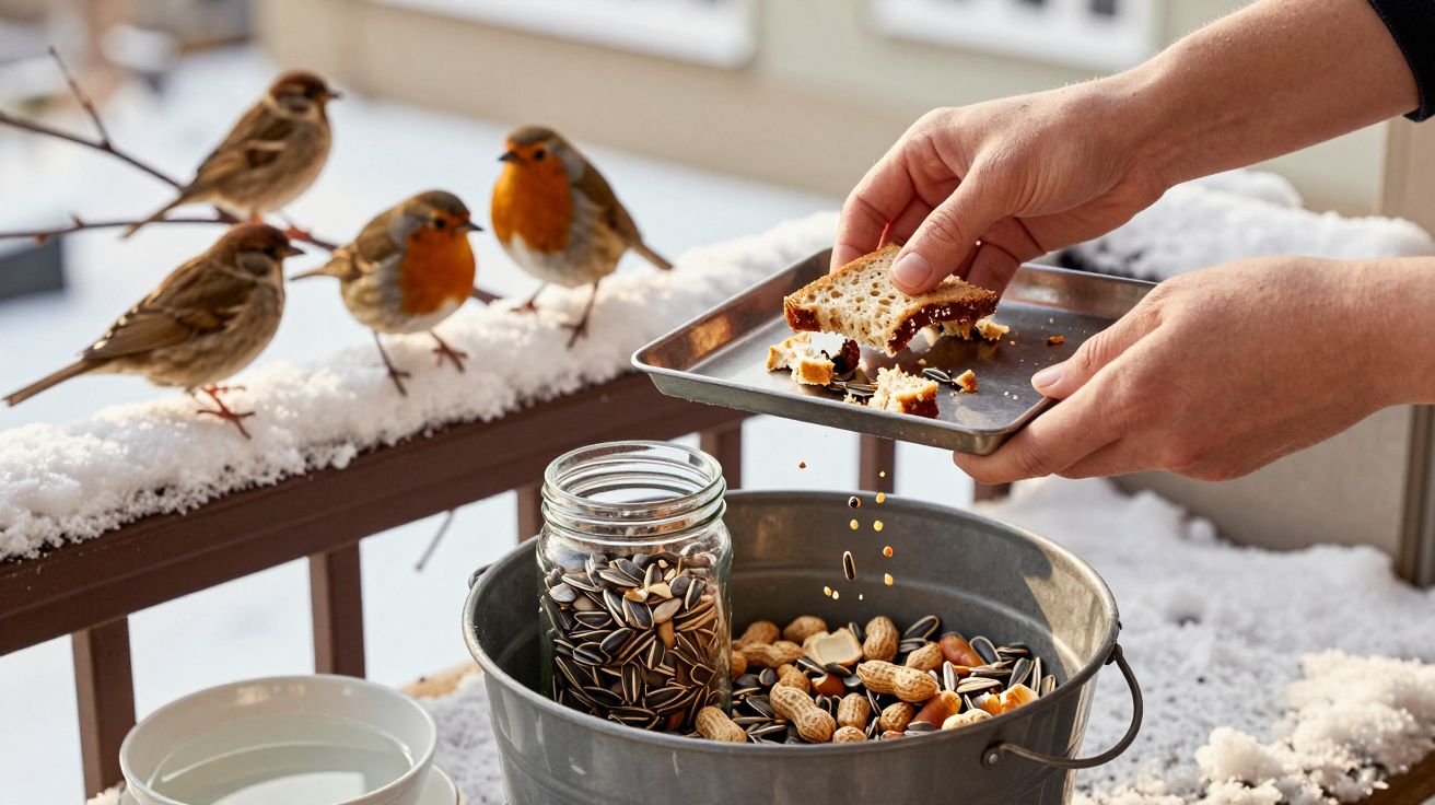 Person füttert Vögel im Winter auf einem verschneiten Balkon mit Brot und Nüssen, während vier Rotkehlchen zusehen.