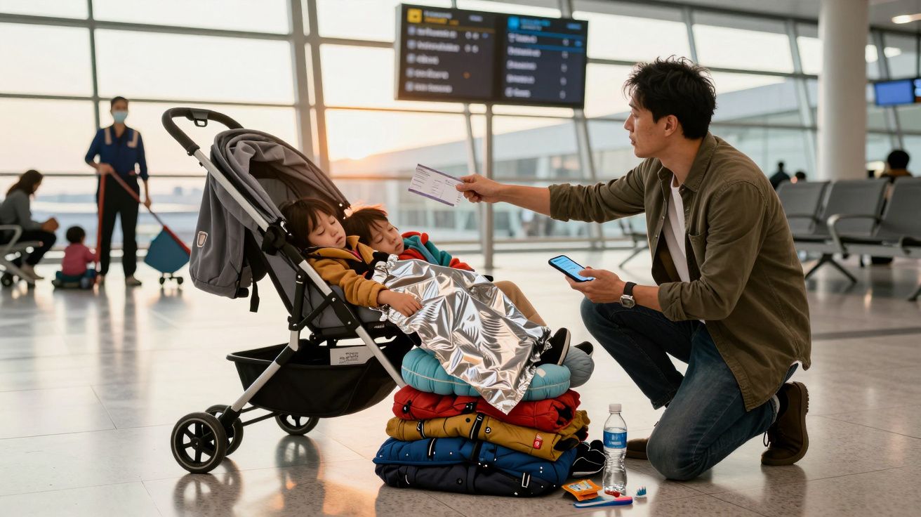 Ein Mann zeigt ein Ticket am Flughafen, neben ihm zwei Kinder im Kinderwagen, umgeben von Gepäck.