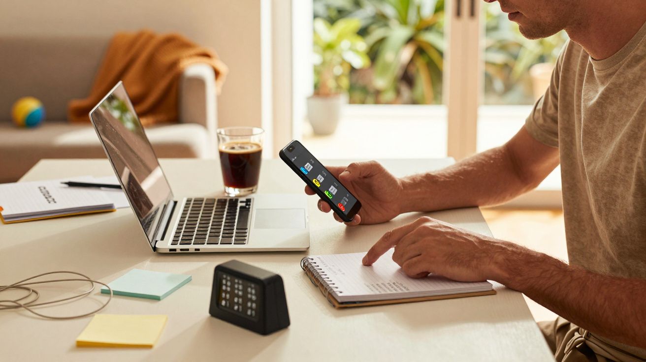 Person arbeitet am Tisch mit Laptop, Smartphone und Notizbuch; Getränk und Post-its auf dem Tisch.