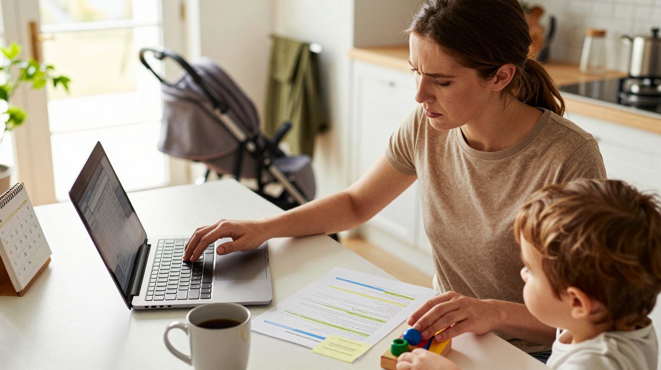 Frau arbeitet am Laptop, Kind spielt daneben am Tisch, im Hintergrund ein Kinderwagen in der Küche.