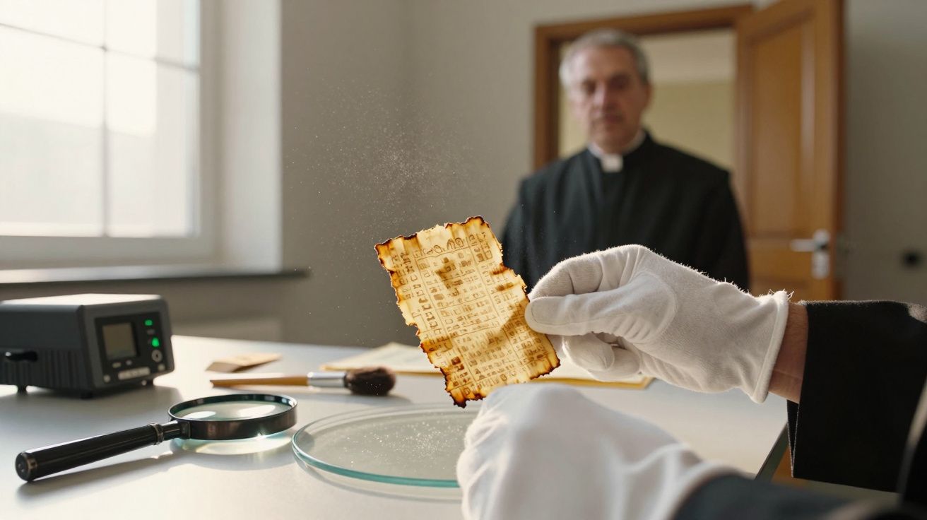 Eine Person in weißen Handschuhen hält ein altes, leicht verbranntes Dokument über einem Tisch mit einer Lupe.