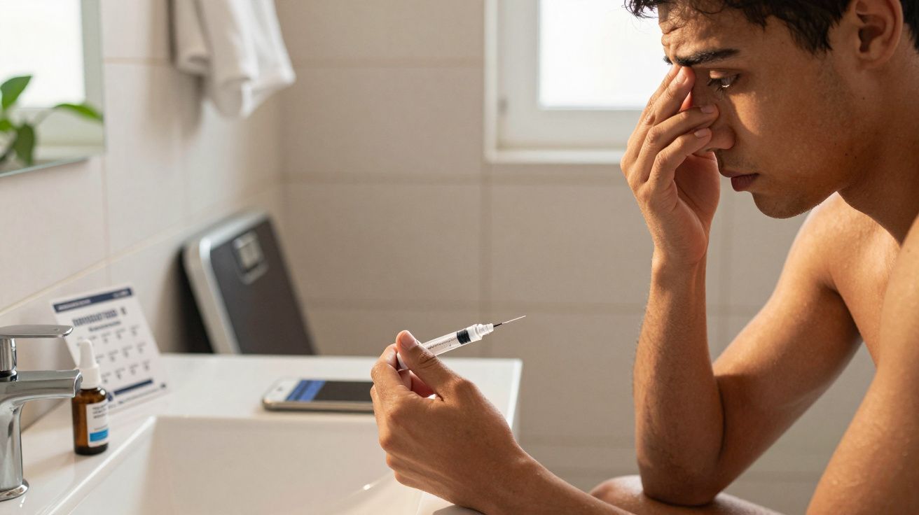 Ein Mann sitzt im Badezimmer, hält eine Injektionsspritze und sieht nachdenklich aus, im Hintergrund Waage und Medikamente.