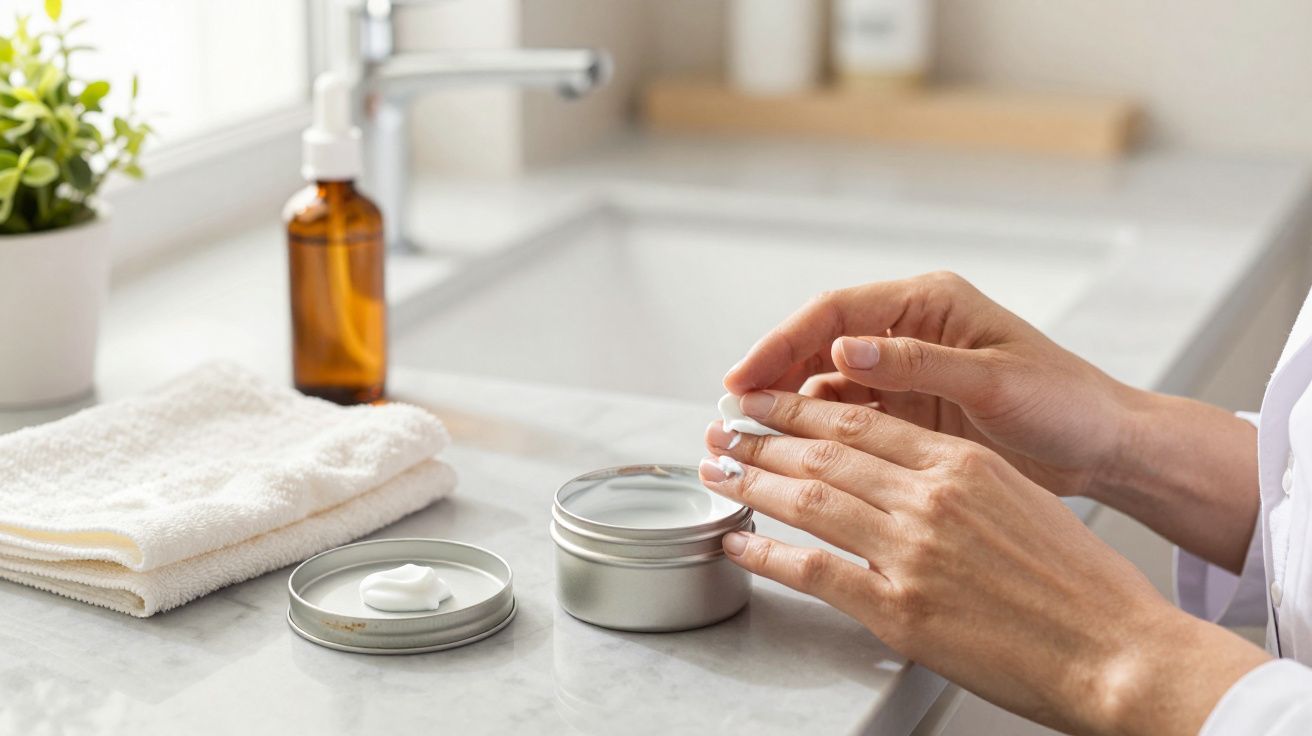 Nahaufnahme von Händen, die Creme aus einem silbernen Tiegel auftragen, daneben ein Handtuch und braune Flasche im Badezimmer