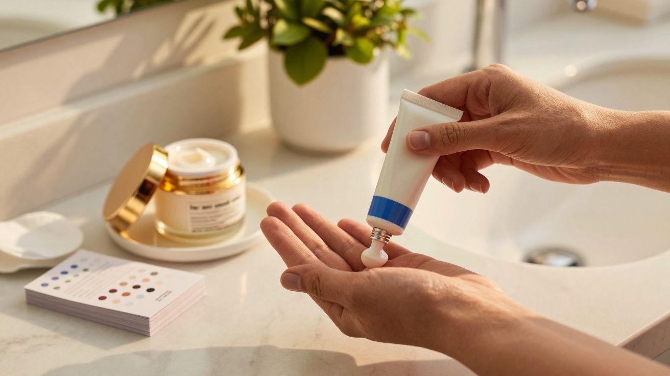 Person drückt Creme aus Tube auf Hand, nebenbei Tiegel mit goldener Kappe und Pflanze auf Waschbecken.