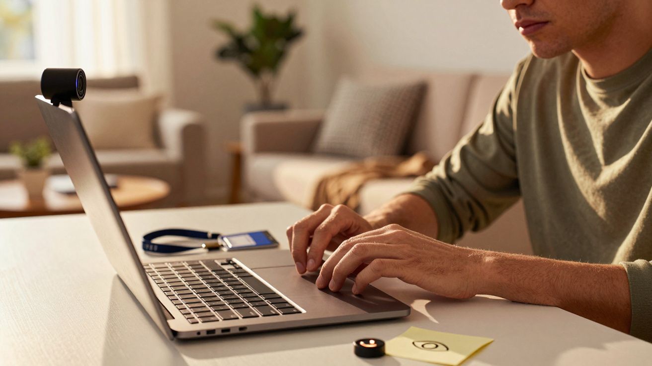 Person tippt auf Laptop, Webcam und Notizblock auf Tisch in modernem Wohnzimmer.