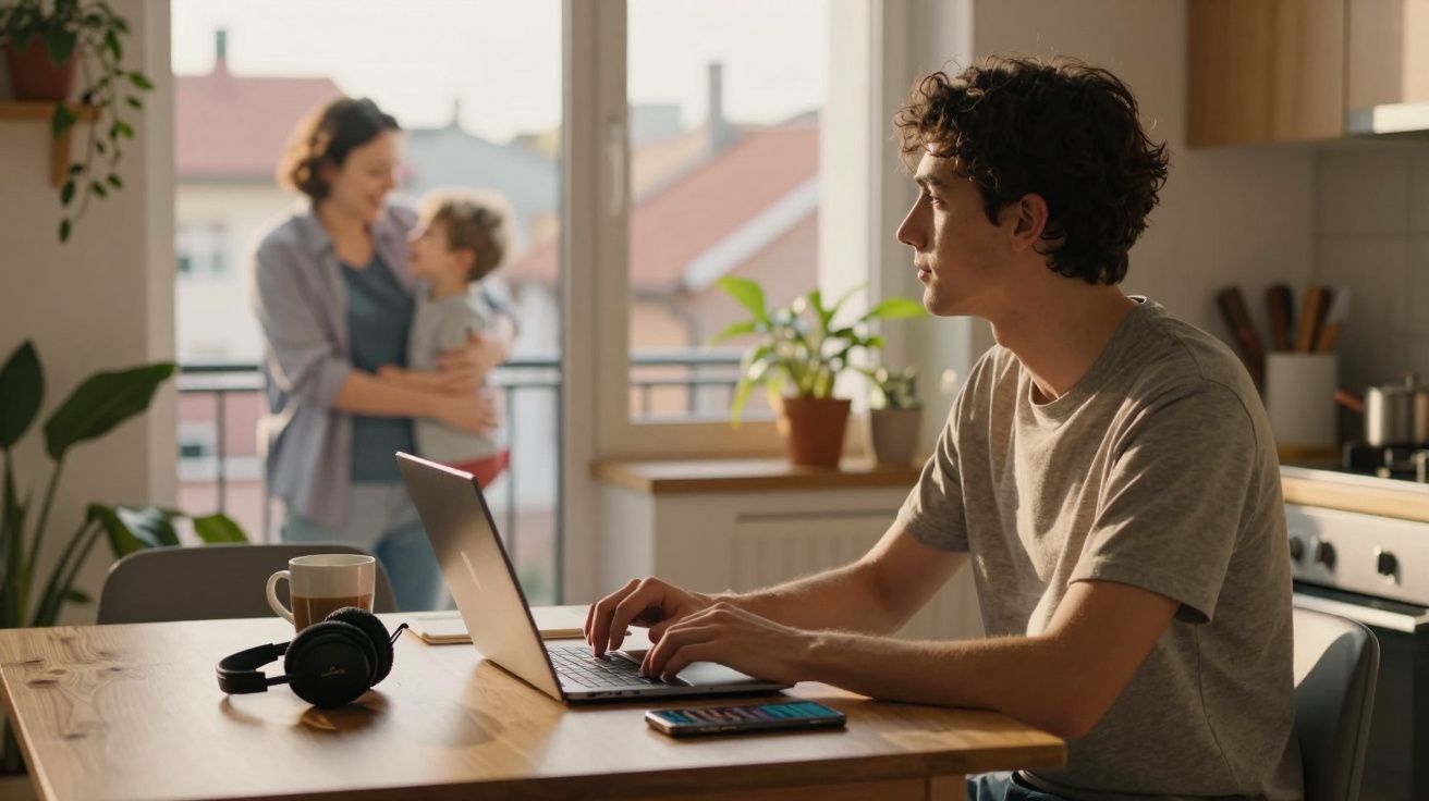 Mann arbeitet am Laptop am Küchentisch, im Hintergrund spielen Frau und Kind am Fenster.