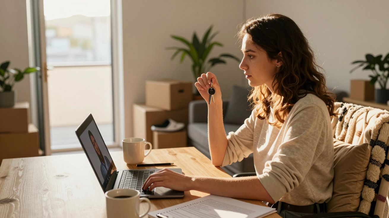 Frau mit Schlüssel in Hand arbeitet an einem Laptop, umgeben von Umzugskartons und Pflanzen in einem sonnigen Raum.