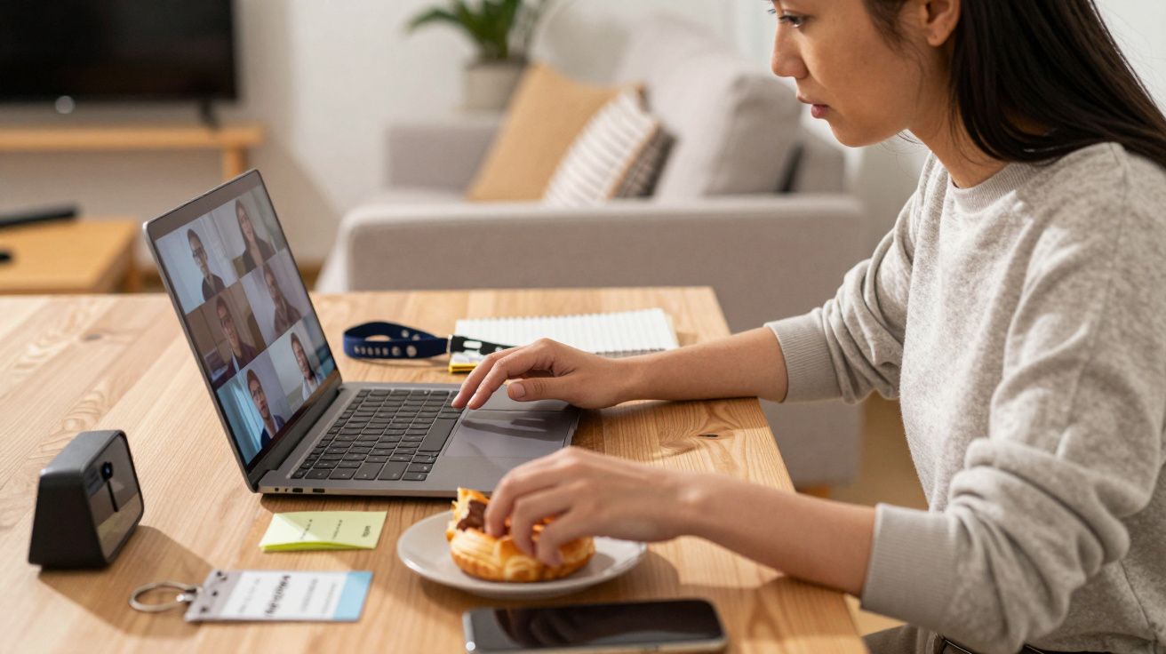 Frau im Videoanruf am Laptop, isst Gebäck am Tisch. Im Hintergrund Wohnzimmermöbel.