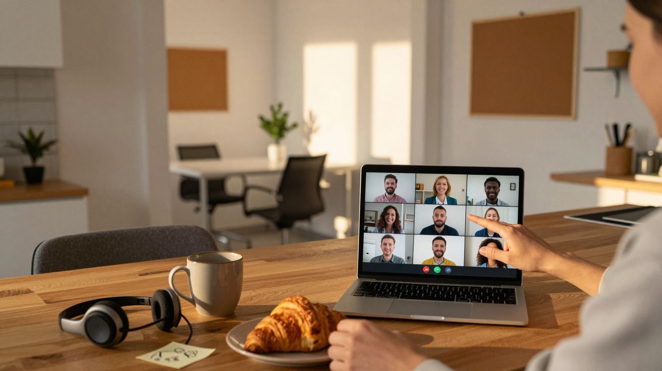 Person bei Videoanruf am Laptop mit acht Teilnehmern, Kopfhörer und Croissant auf Tisch in modernem Büro.