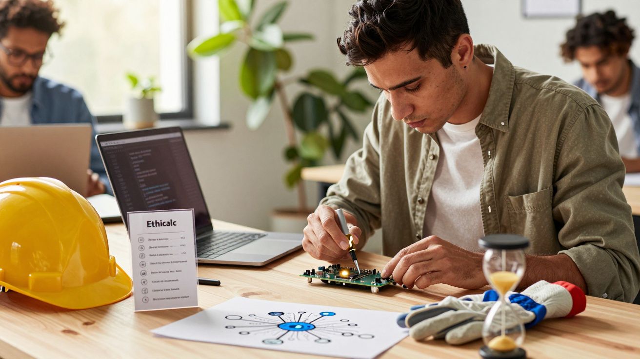 Mann arbeitet an einer Leiterplatte, daneben ein Laptop und Sicherheitshelm auf einem Tisch in einem modernen Büro.