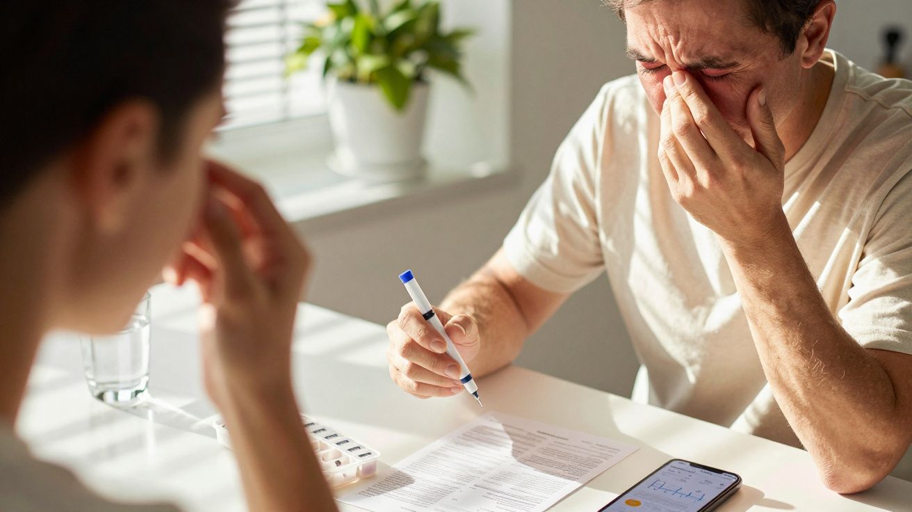 Ein Mann sitzt erschöpft am Tisch, hält einen Stift und betrachtet Dokumente; ein Smartphone liegt daneben.
