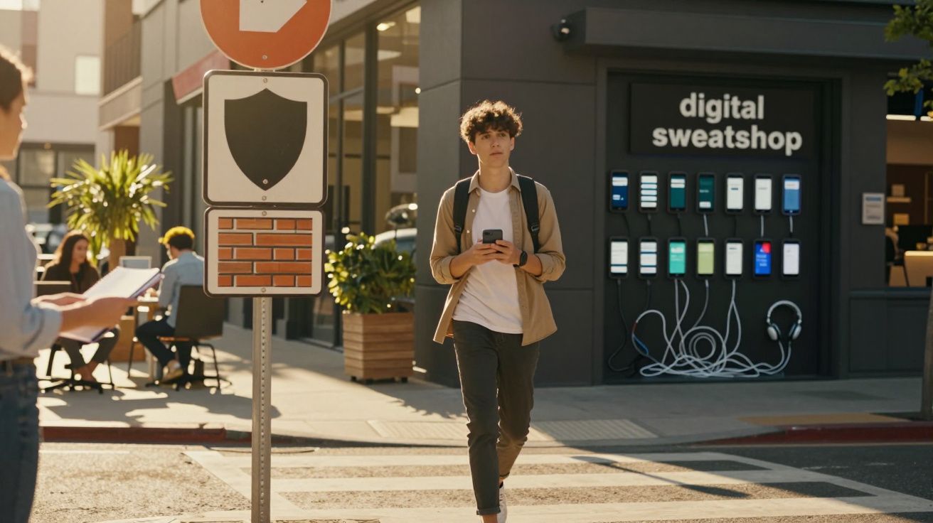 Ein junger Mann geht mit Smartphone an einem Laden mit Handy-Displays vorbei, daneben ein Verkehrsschild.