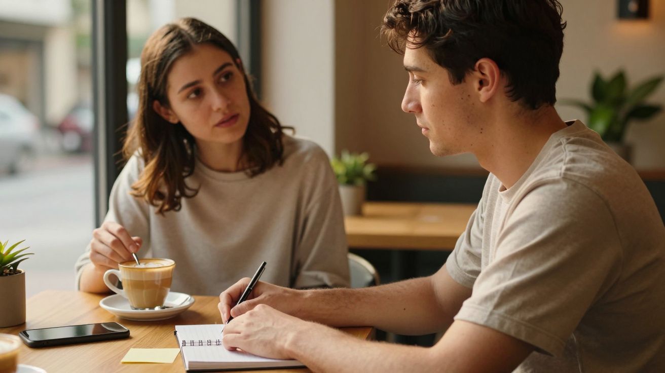 Zwei Personen sitzen im Café, eine Frau trinkt Kaffee, ein Mann schreibt in ein Notizbuch.