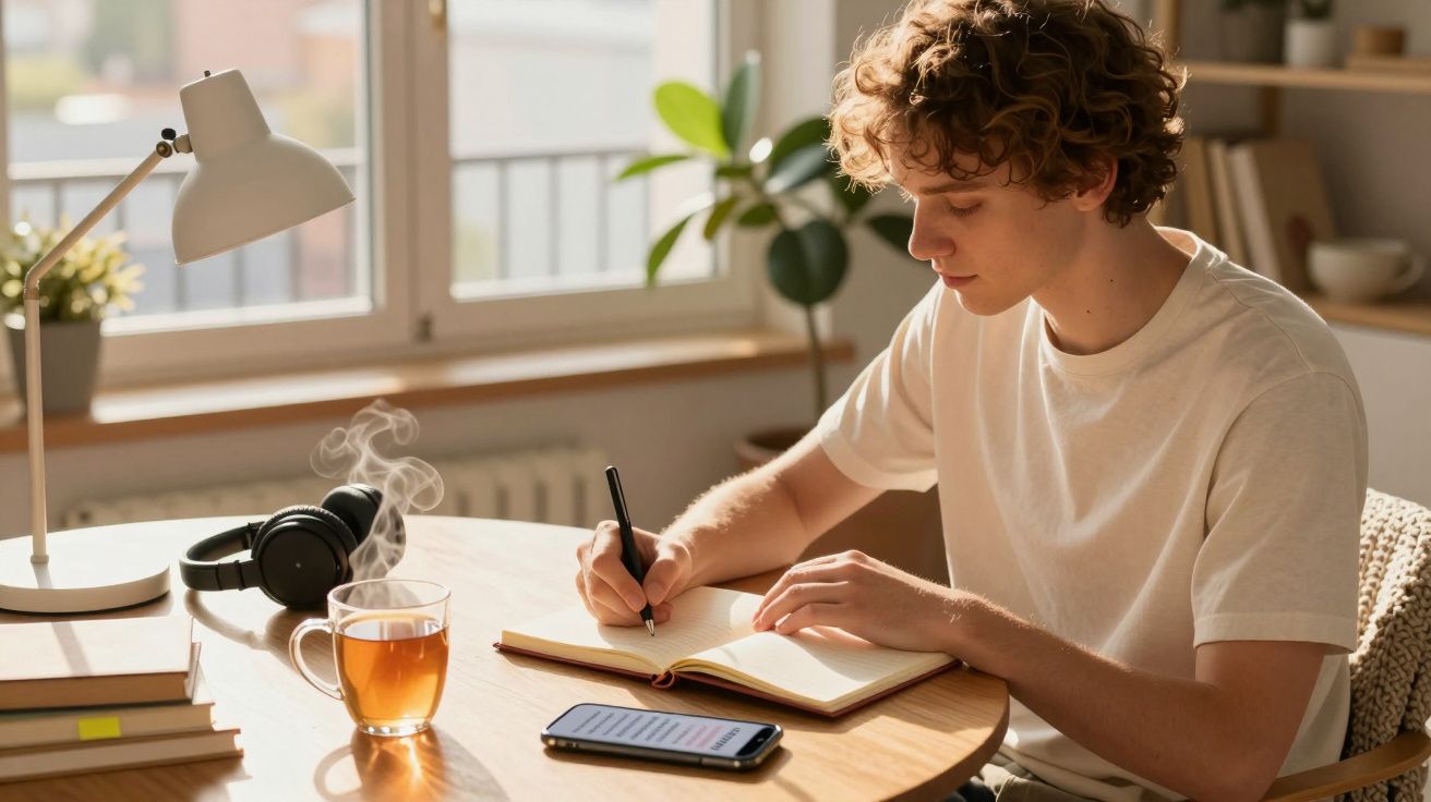 Junger Mann schreibt in ein Notizbuch bei Tageslicht, mit Tee, Kopfhörern und Smartphone am Tisch.