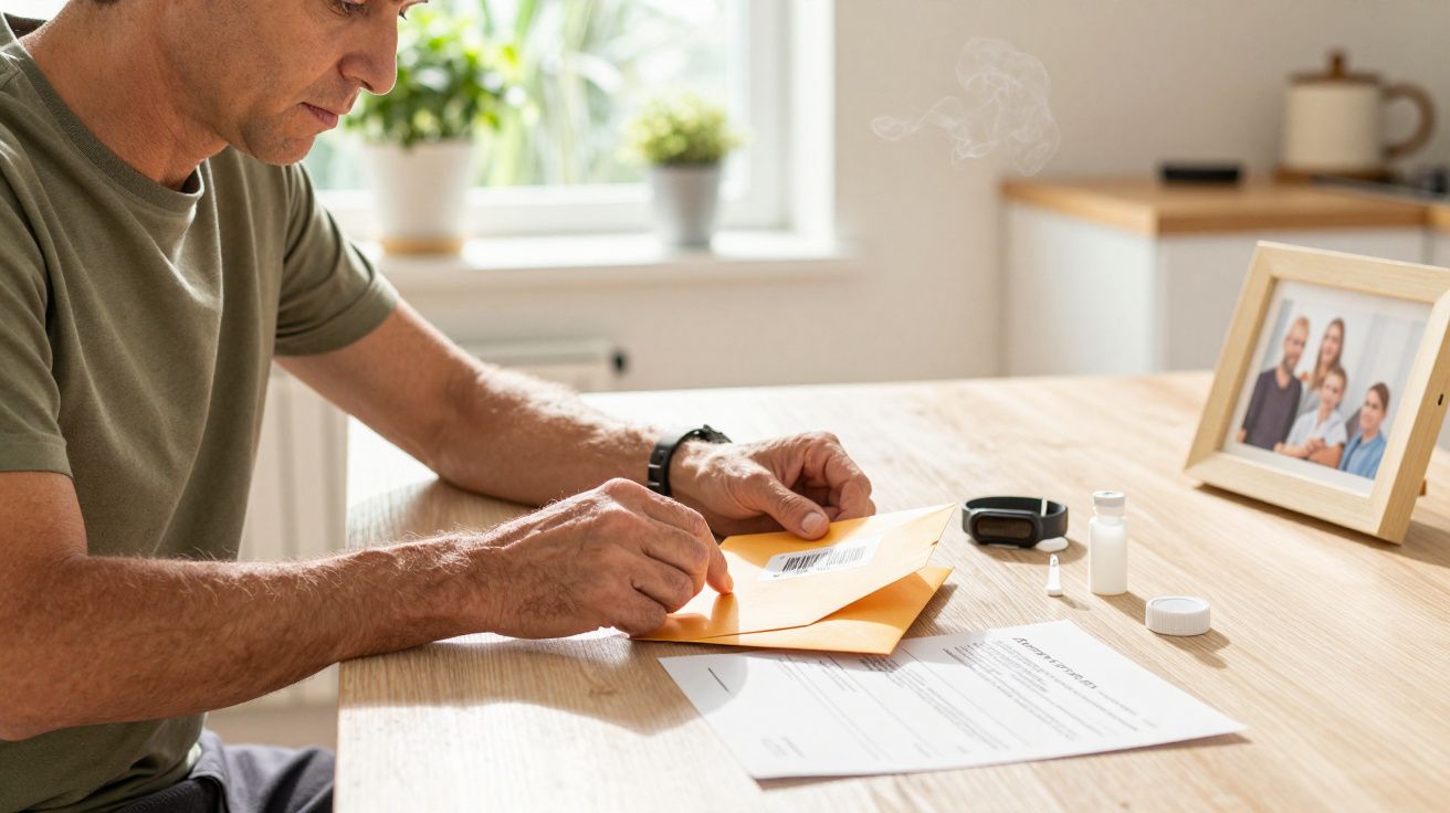 Mann am Tisch öffnet Umschlag, daneben Gesundheitsutensilien und ein Familienfoto im Rahmen, Fenster im Hintergrund.