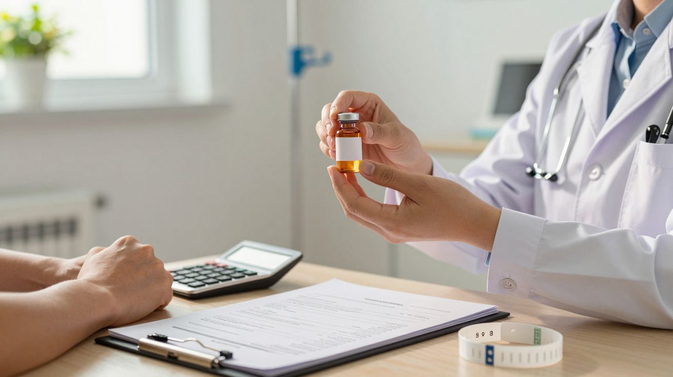 Ein Arzt hält ein Medikamentenfläschchen, während ein Patient sitzt; Notizblock und Taschenrechner auf dem Tisch.