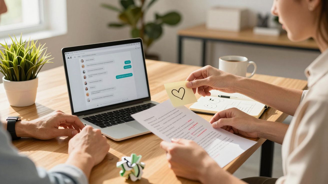 Zwei Personen arbeiten am Schreibtisch, mit Laptop, Dokumenten und einer Notiz mit Herzsymbol.