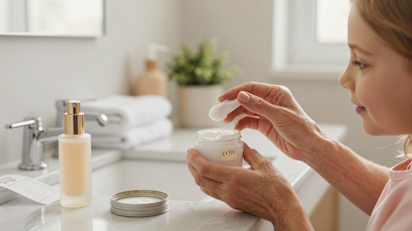 Kind legt Creme auf Hand im Badezimmer; Flasche und Handtücher im Hintergrund.