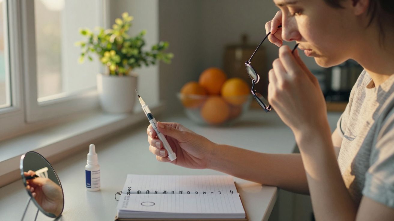 Person sitzt am Tisch mit Brille in der Hand, untersucht Spritze, daneben ein Spiegel, Notizbuch, Augentropfen und Obst.