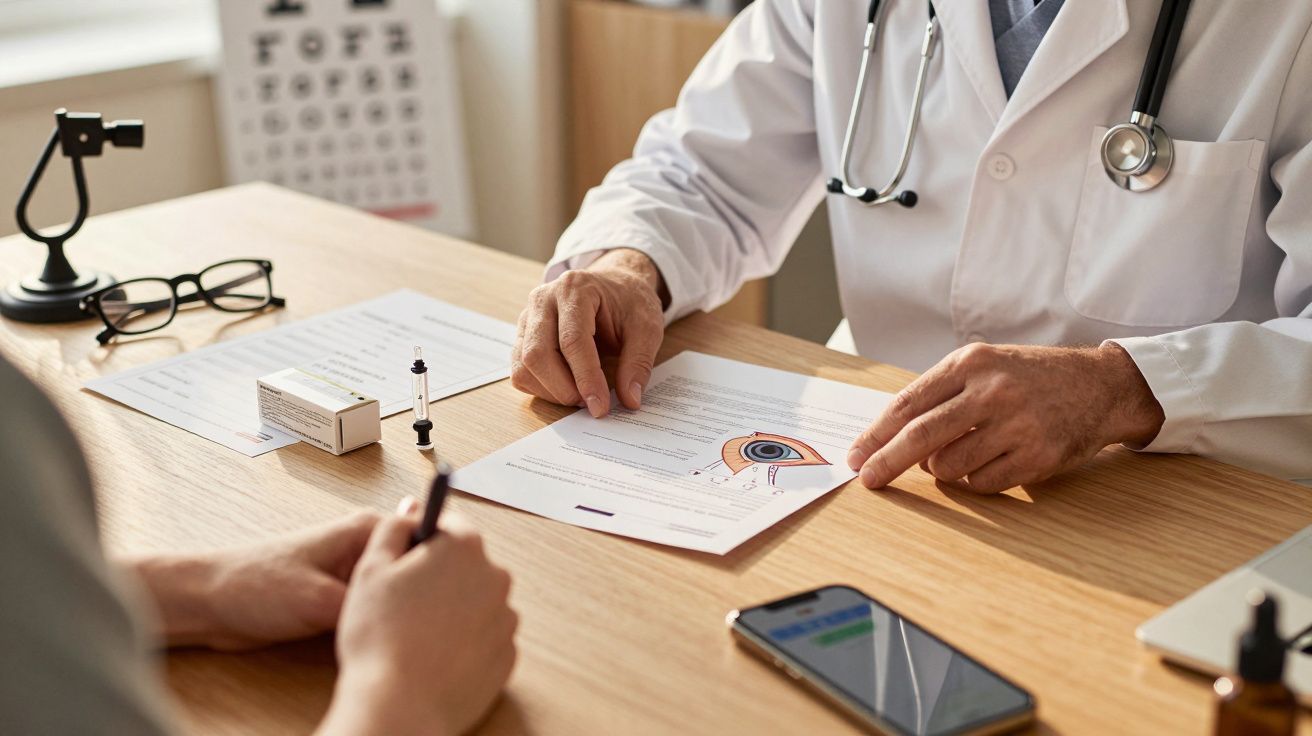 Arztbesprechung am Schreibtisch, Fokus auf Dokument mit Augendiagramm, Stethoskop und Handy im Hintergrund.