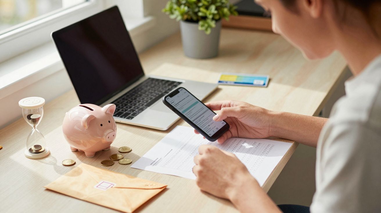 Person überprüft Finanzen am Smartphone mit Laptop, Sparschwein und Sanduhr auf dem Schreibtisch.